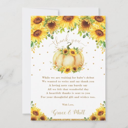 Pumpkin Sunflower Floral Gold Glitter Baby Shower Thank You Card