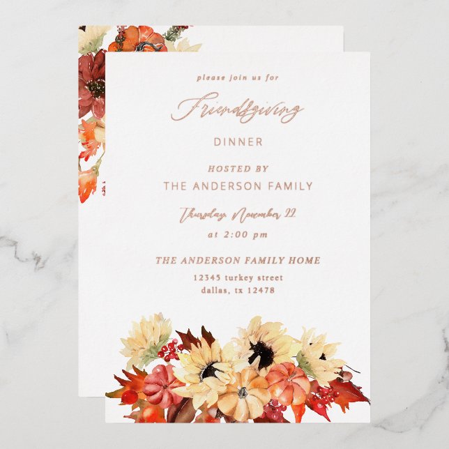 Pumpkin & Sunflower Friendsgiving Foil Invitation (Front/Back)