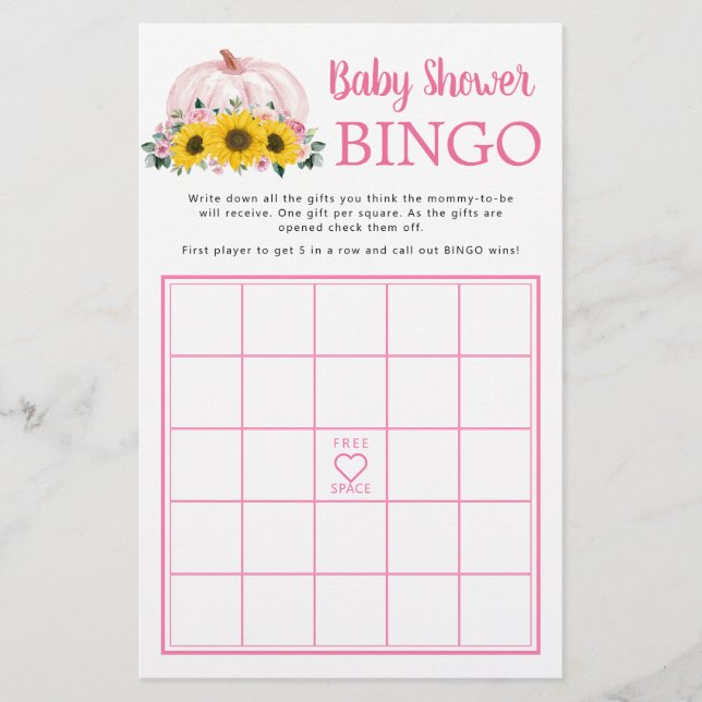 Pumpkin Sunflower Pink Baby Shower Bingo Game (Front)