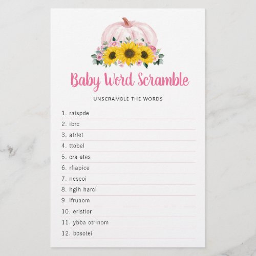 Pumpkin Sunflower Pink Fall Baby Shower Word Game