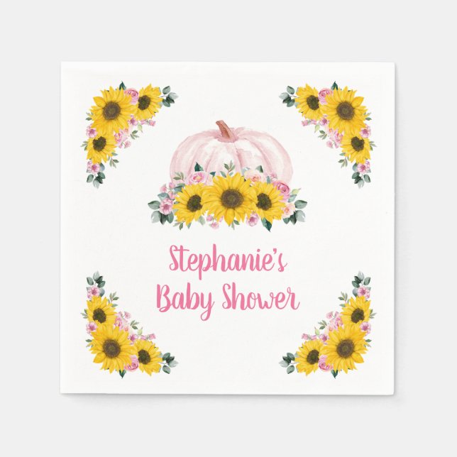 Pumpkin Sunflower Pink Floral Fall Baby Shower Napkins (Front)
