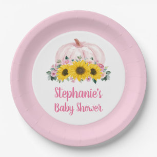 Pumpkin Sunflower Pink Floral Fall Baby Shower Paper Plates