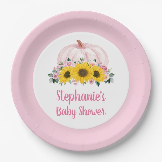 Pumpkin Sunflower Pink Floral Fall Baby Shower Paper Plates (Front)
