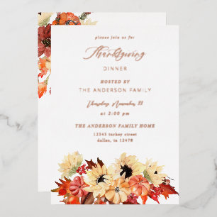 Pumpkin & Sunflower Thanksgiving Foil Invitation