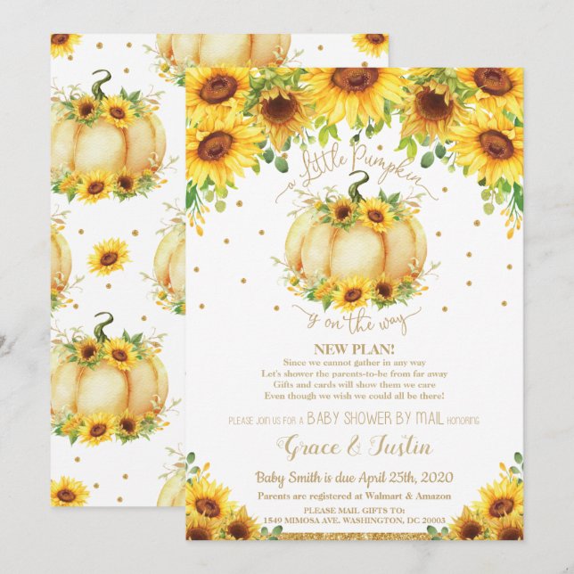 Pumpkin Sunflower Virtual Baby Shower by Mail Invitation (Front/Back)