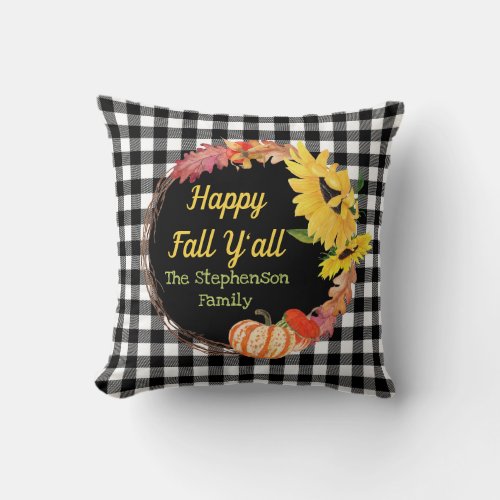 Pumpkin Sunflower Wreath Happy Fall Yall  Checks Throw Pillow