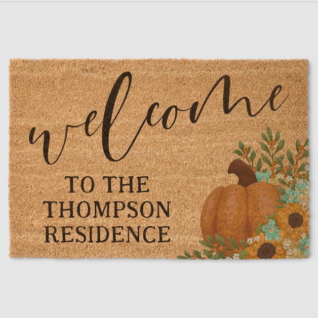 Pumpkin & Sunflowers Family Name Welcome Fiber Doormat (Front)