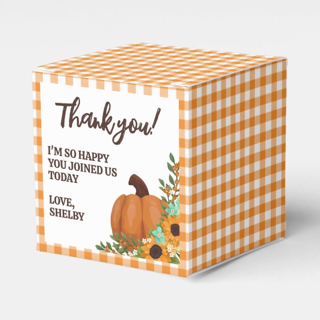 Pumpkin & Sunflowers Orange Gingham Thank You Favor Boxes (Front Side)