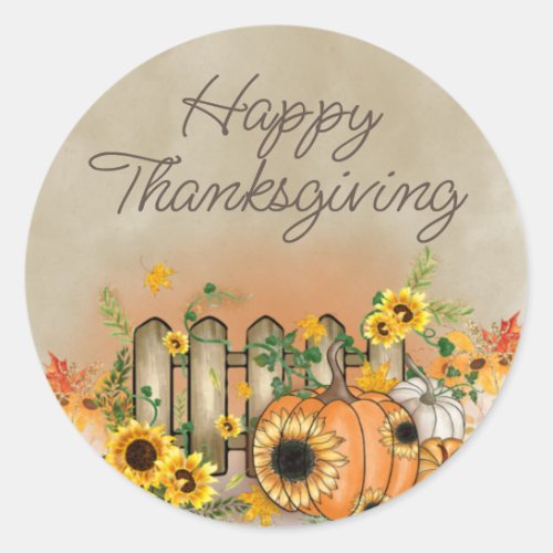 Pumpkin Sunflowers Picket Fence Happy Thanksgiving Classic Round Sticker