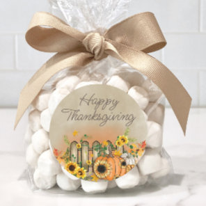 Pumpkin Sunflowers Picket Fence Happy Thanksgiving Classic Round Sticker