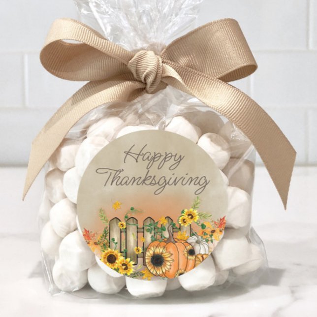 Pumpkin Sunflowers Picket Fence Happy Thanksgiving Classic Round Sticker (Sunflowers and pumpkins 
"Happy Thanksgiving" sticker)