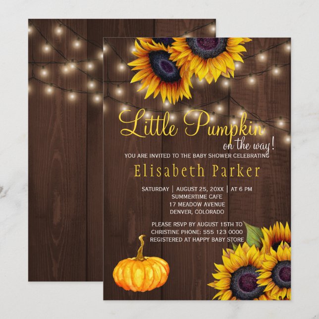 Pumpkin Sunflowers Rustic Barn Wood Baby Shower Invitation (Front/Back)