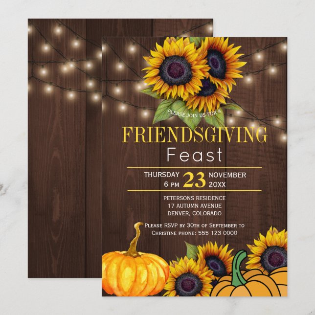 Pumpkin Sunflowers Rustic Barn Wood Freindsgiving Invitation (Front/Back)