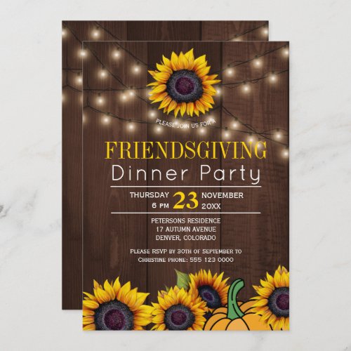 Pumpkin Sunflowers Rustic Barn Wood Friendsgiving Invitation