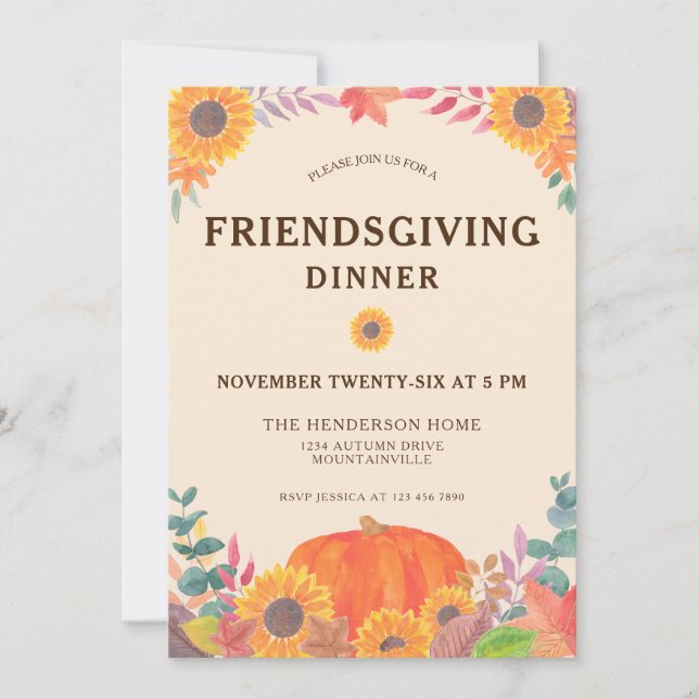 Pumpkin Sunflowers Thanksgiving Dinner Invitation (Front)
