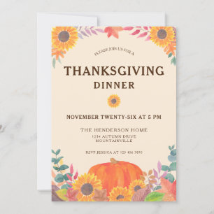 Pumpkin Sunflowers Thanksgiving Dinner Invitation