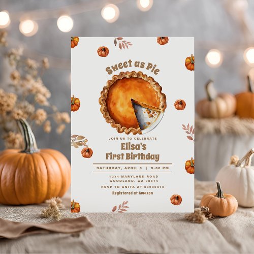 Pumpkin Sweet as Pie Party Birthday invitation