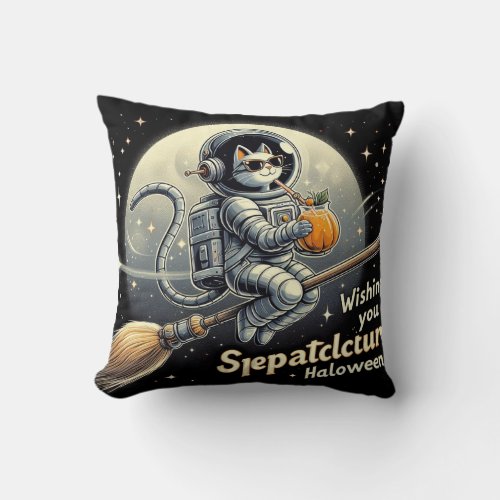 Pumpkin Tea in the Stars Cheerful Astronaut Cats Throw Pillow