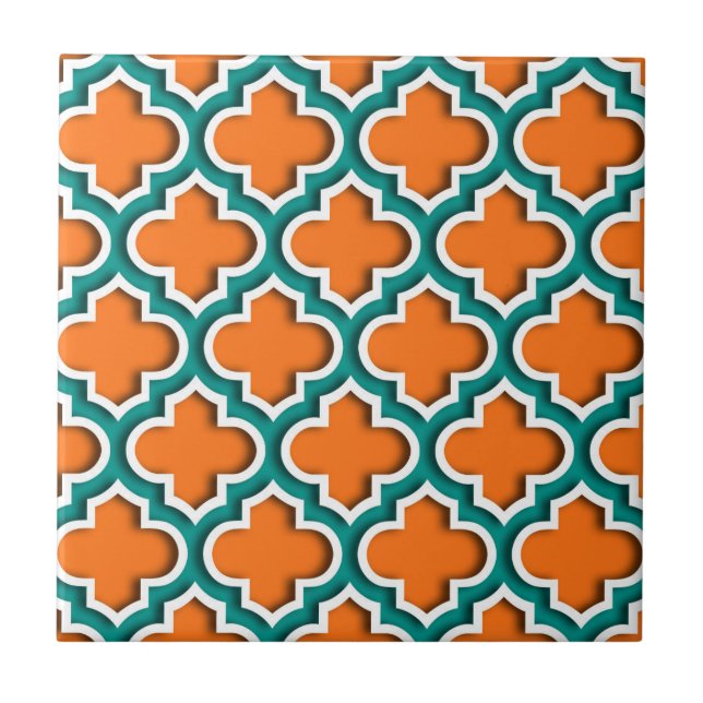 Pumpkin, Teal, White Moroccan Quatrefoil #5DS Ceramic Tile (Front)