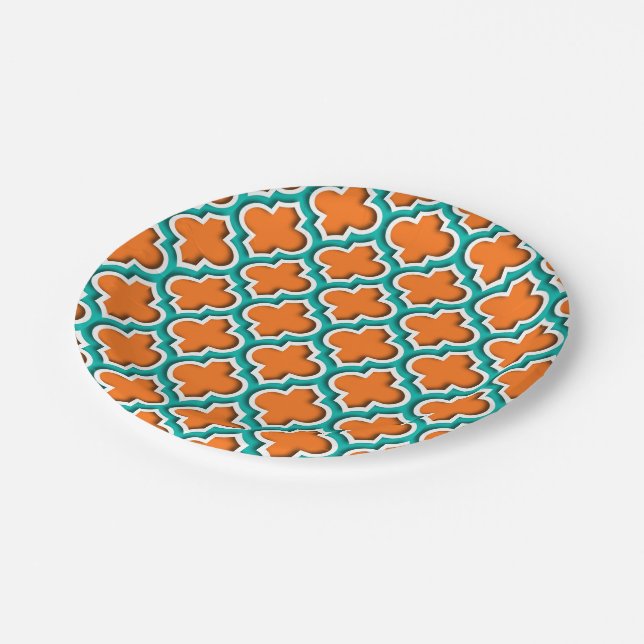 Pumpkin, Teal, White Moroccan Quatrefoil #5DS Paper Plates (Angled)