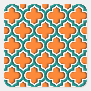 Pumpkin, Teal, White Moroccan Quatrefoil #5DS Square Sticker
