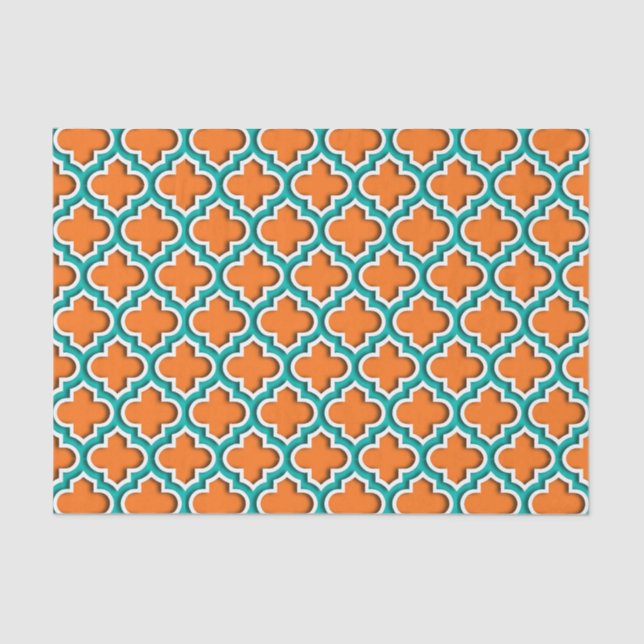 Pumpkin, Teal, White Moroccan Quatrefoil #5DS Tissue Paper (Front)