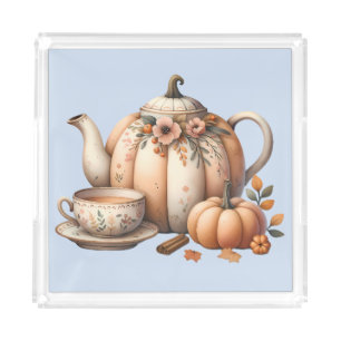 Pumpkin Teapot with Fall Florals Illustration Acrylic Tray