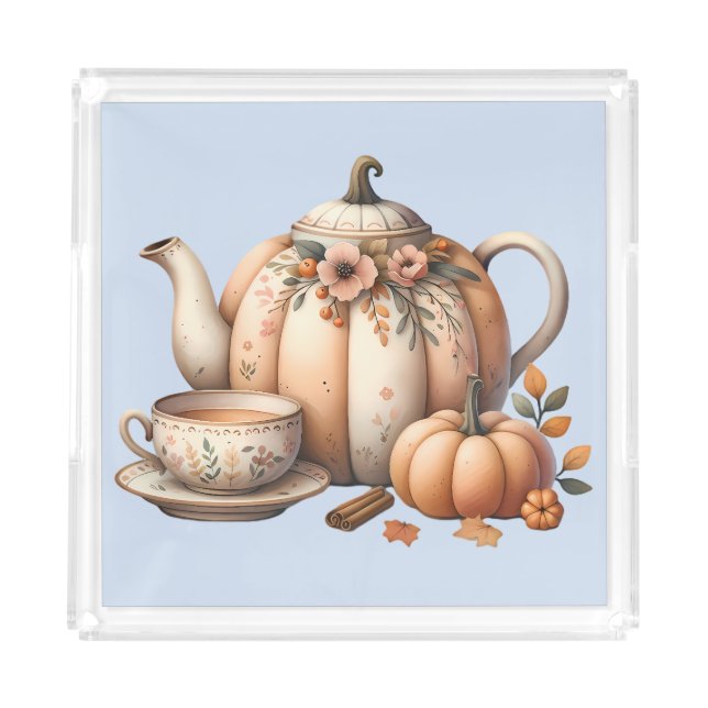 Pumpkin Teapot with Fall Florals Illustration Acrylic Tray (Front)