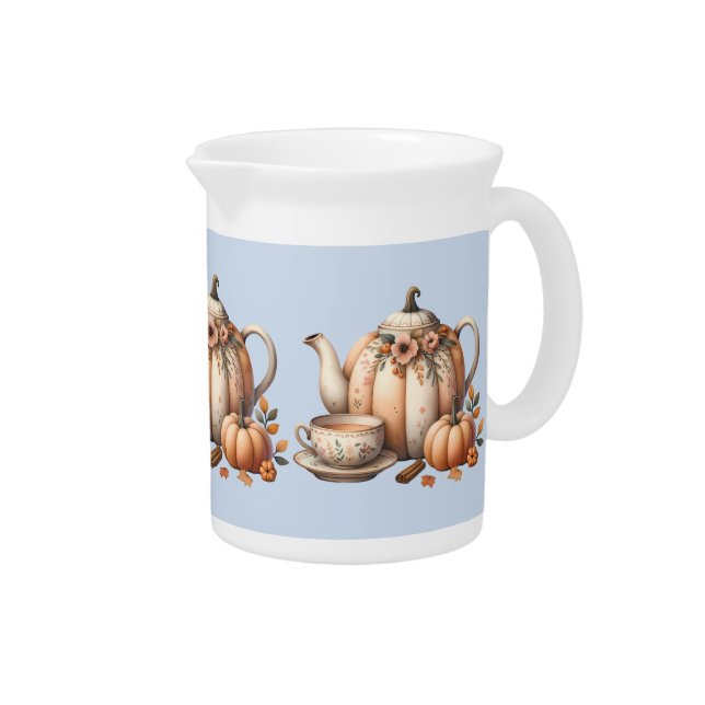 Pumpkin Teapot with Fall Florals Illustration Beverage Pitcher (Right)