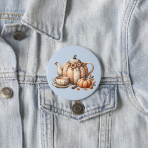 Pumpkin Teapot with Fall Florals Illustration Button