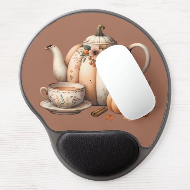 Pumpkin Teapot with Fall Florals Illustration Gel Mouse Pad (Left Side)