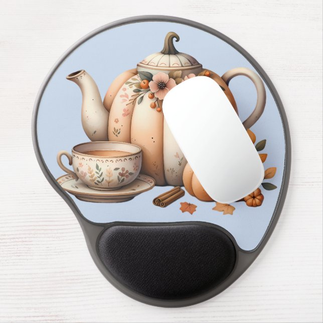 Pumpkin Teapot with Fall Florals Illustration Gel Mouse Pad (Left Side)