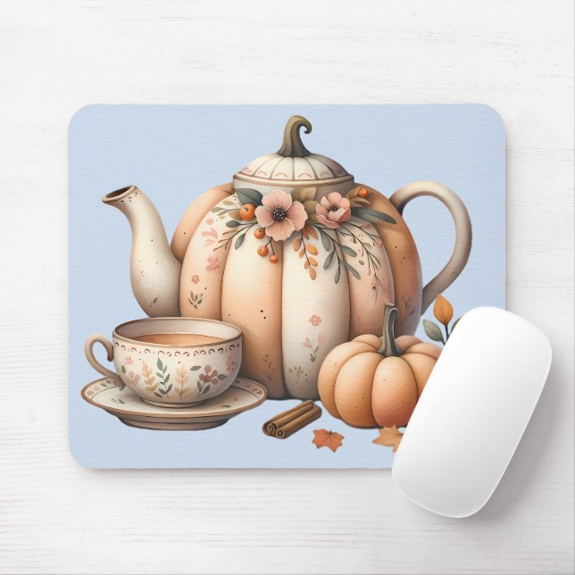 Pumpkin Teapot with Fall Florals Illustration Mouse Pad (With Mouse)