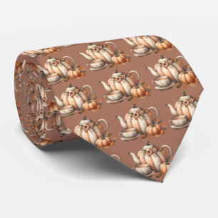 Pumpkin Teapot with Fall Florals Illustration Neck Tie