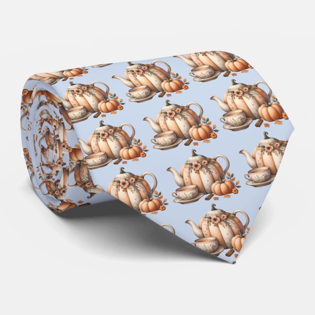 Pumpkin Teapot with Fall Florals Illustration Neck Tie (Rolled)