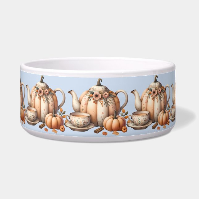 Pumpkin Teapot with Fall Florals Illustration Pet Bowl (Front)