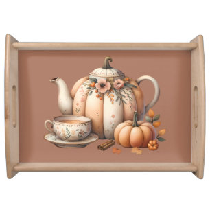Pumpkin Teapot with Fall Florals Illustration Serving Tray