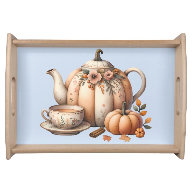 Pumpkin Teapot with Fall Florals Illustration Serving Tray (Front)