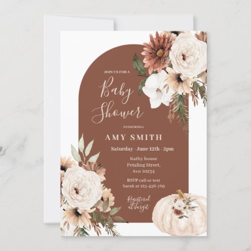 Pumpkin Terracotta Arch Pampas Grass Baby Shower  Invitation