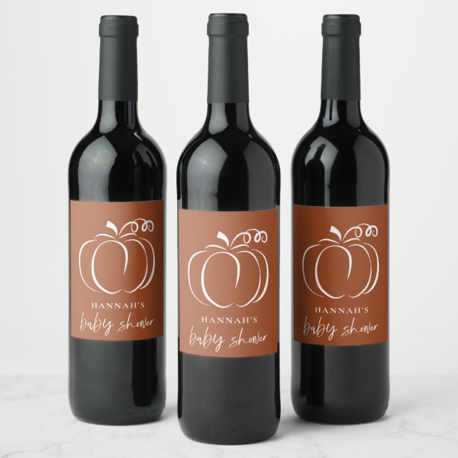 Pumpkin Terracotta Boho Burnt Orange Baby Shower Wine Label (Bottles)
