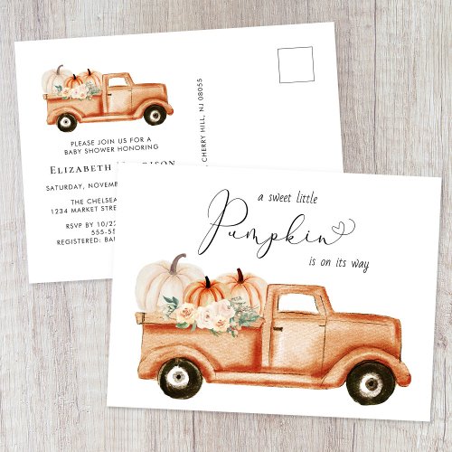 Pumpkin Terracotta Vintage Truck Baby Shower Invitation Postcard
