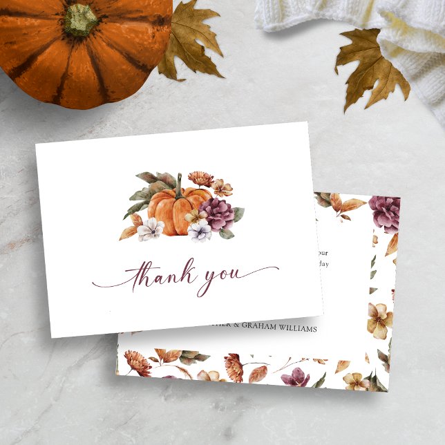 Pumpkin Thank You Card (Fall Watercolor Floral Pumpkin Thank You Cards)