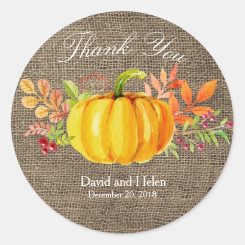 Pumpkin Thank You Round Sticker burlap