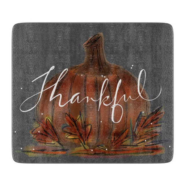 PUMPKIN THANKFUL CHALKBOARD GLASS CUTTING BOARD (Front)