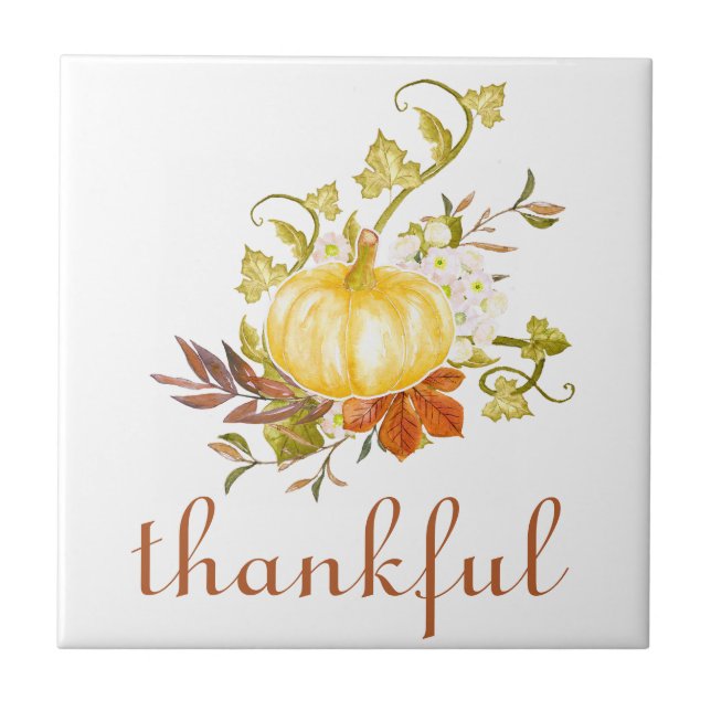 Pumpkin Thankful Watercolor Thanksgiving Ceramic Tile (Front)