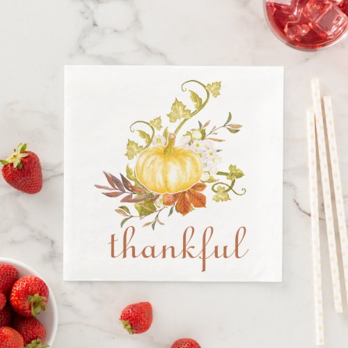 Pumpkin Thankful Watercolor Thanksgiving Paper Dinner Napkins