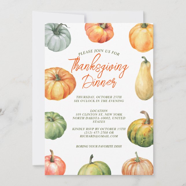 Pumpkin Thanksgiving Fest Dinner Watercolor Invitation (Front)