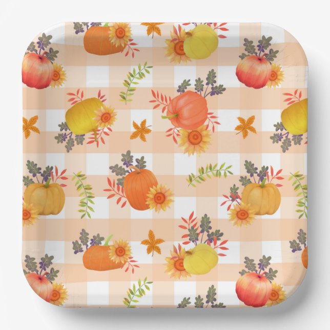 Pumpkin Thanksgiving Gingham Peach Paper Plates (Front)