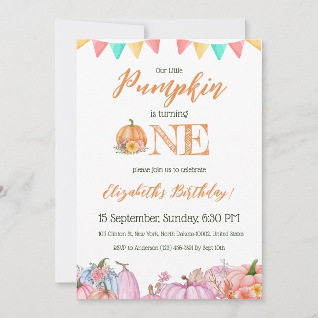 Pumpkin Theme Kids colorful First Birthday Party Invitation (Front)