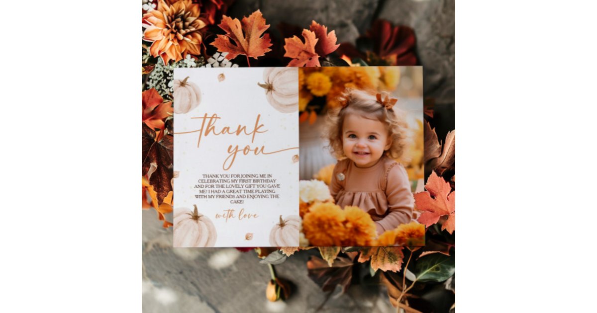 Pumpkin Themed Birthday Photo Thank You Card | Zazzle